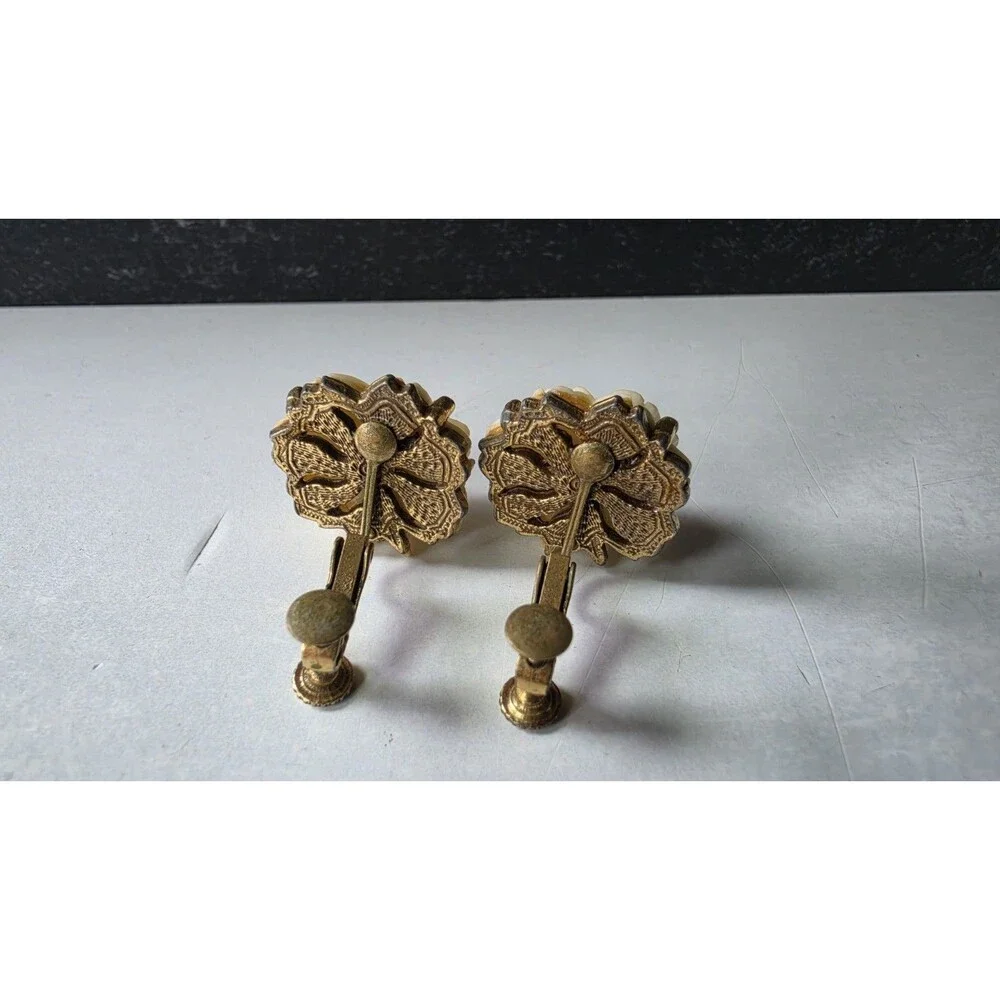 Celluloid Floral Gold Tone Metal Clip-on Screwback Earrings Vintage